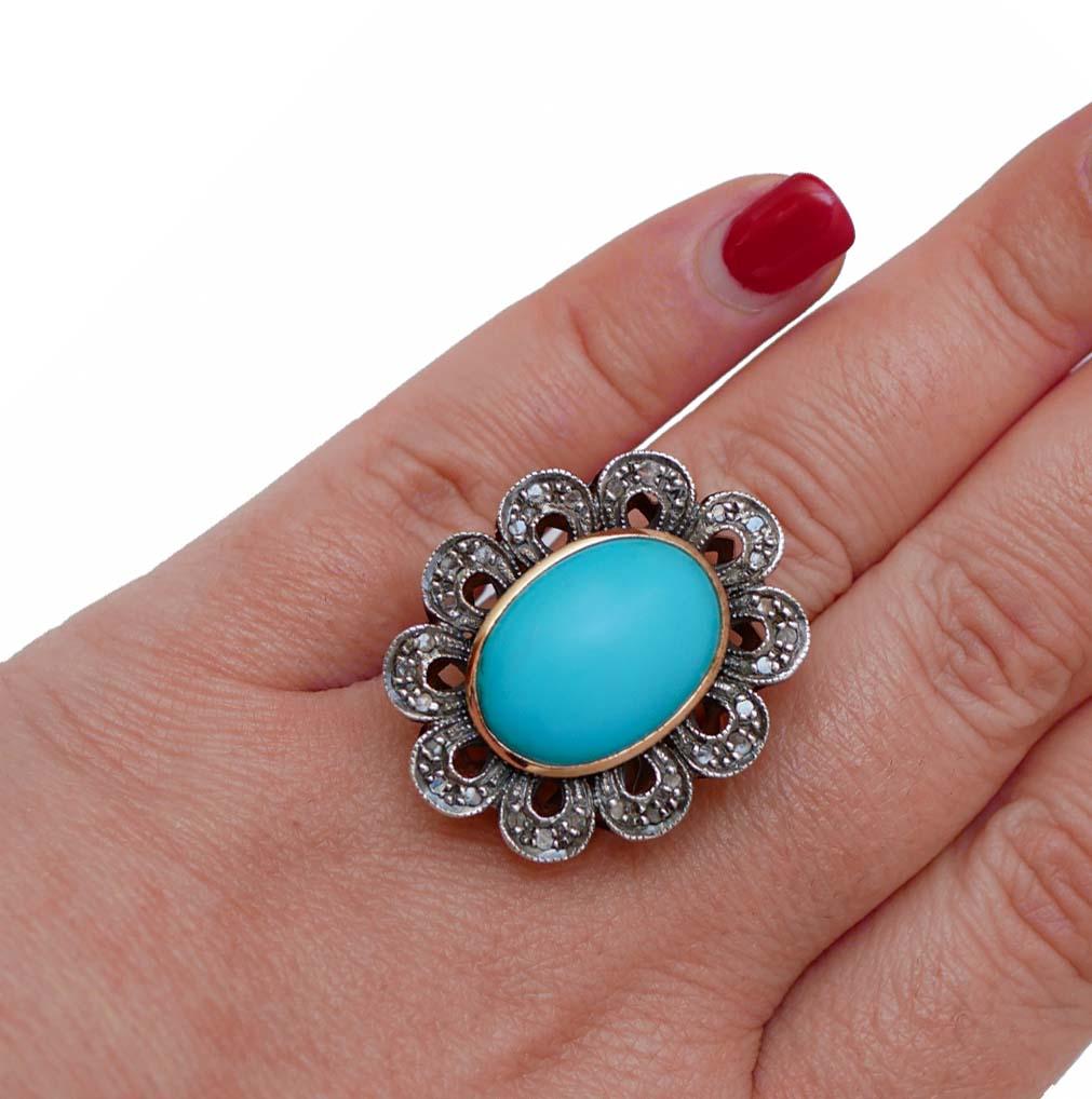 Anello in turchese, diamanti, oro rosa 14 carati e argento. In condizioni buone in vendita a Marcianise, Marcianise (CE)