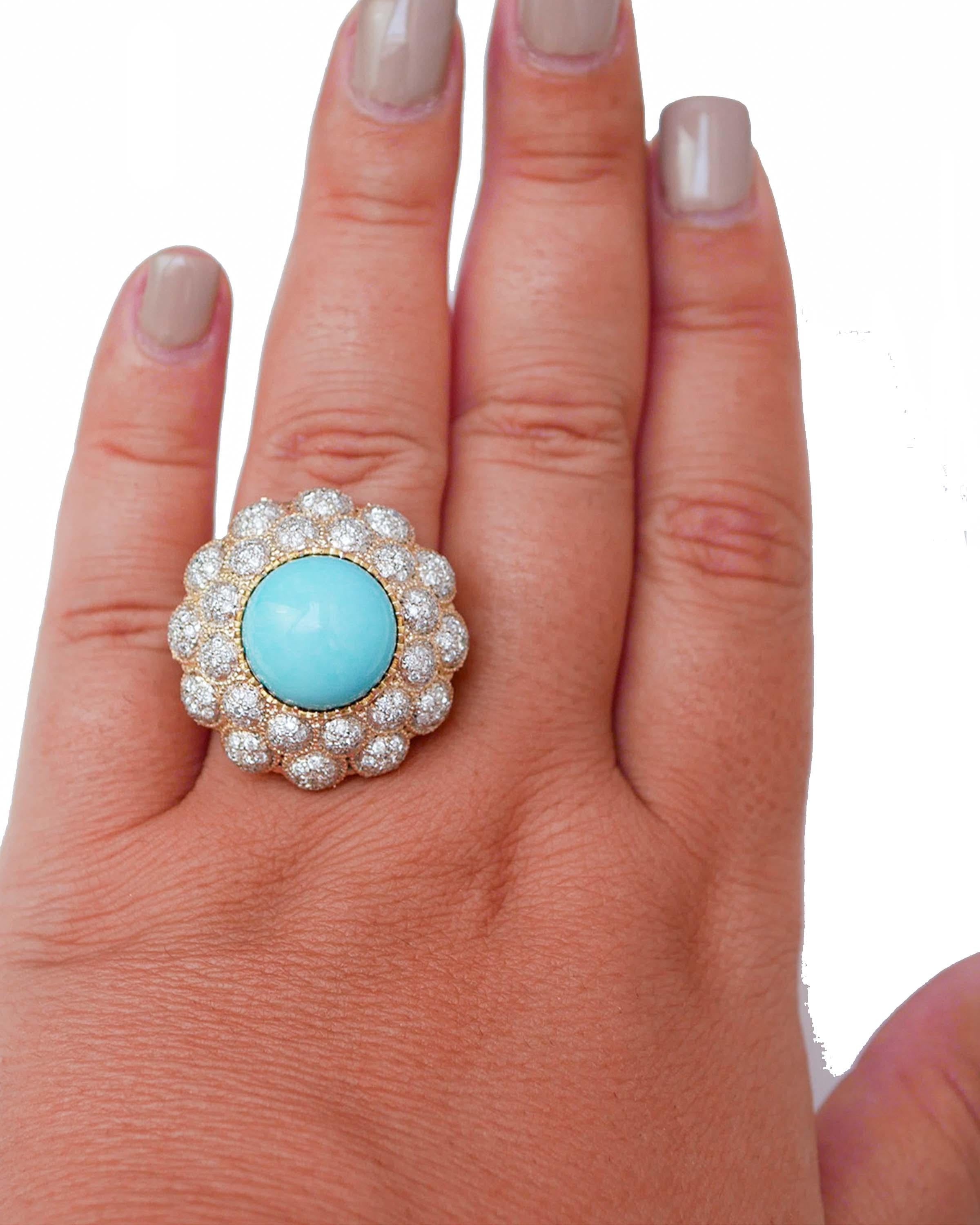 Taglio brillante Anello con turchese, diamanti e oro rosa 14 carati. in vendita