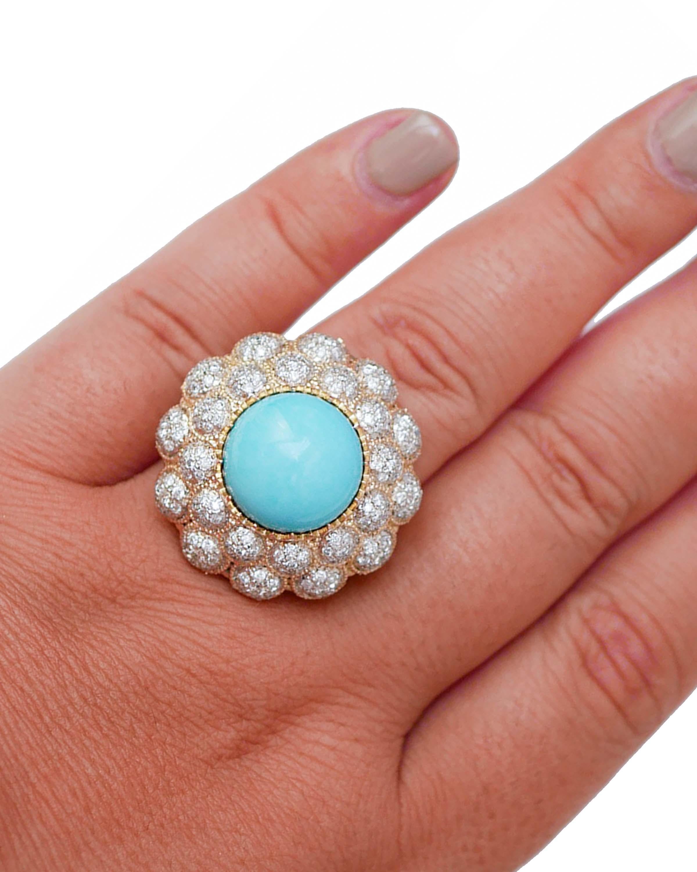 Anello con turchese, diamanti e oro rosa 14 carati. In condizioni buone in vendita a Marcianise, Marcianise (CE)