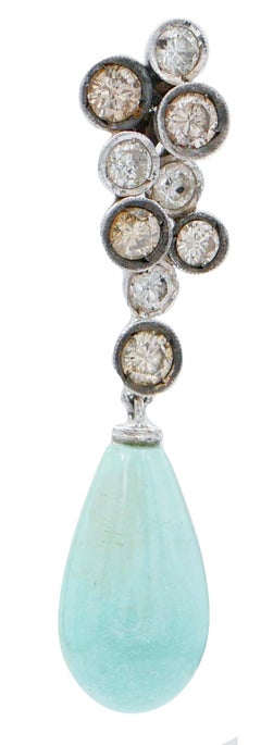 Turquoise, Diamonds, 14 Karat White Gold Earrings
