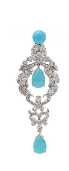 Turquoise, Diamonds, 14 Karat White Gold Earrings.