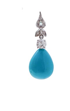 Turquoise, Diamonds, 14 Karat White Gold Earrings.