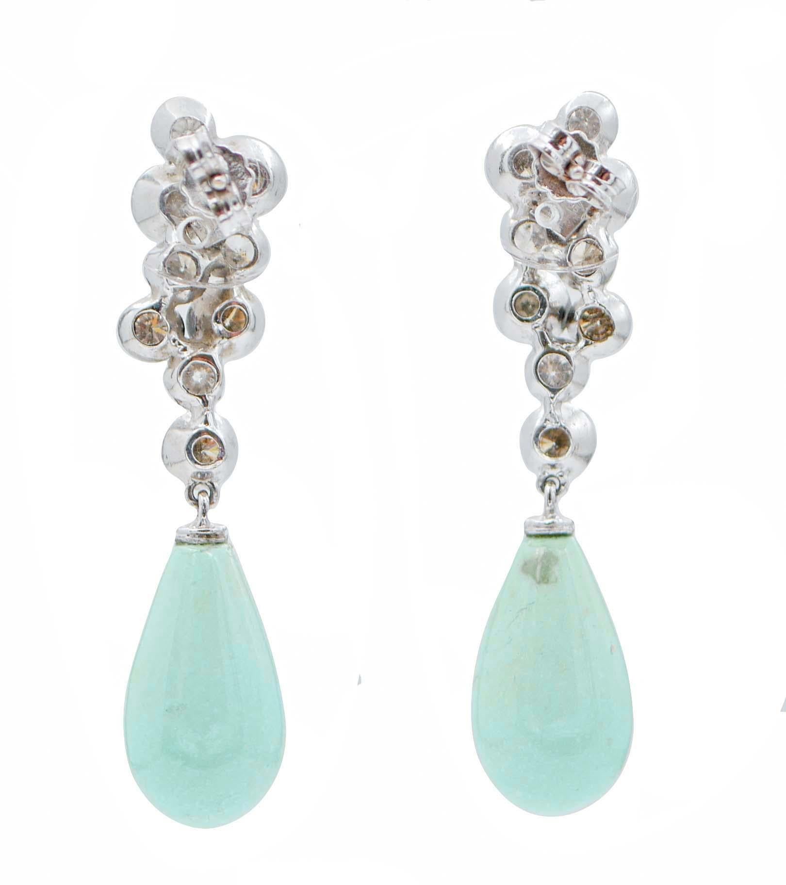 Retro Turquoise, Diamonds, 14 Karat White Gold Earrings For Sale