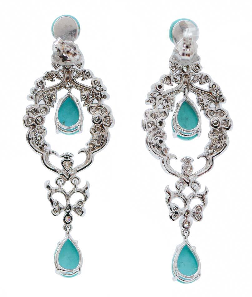 Retro Turquoise, Diamonds, 14 Karat White Gold Earrings.