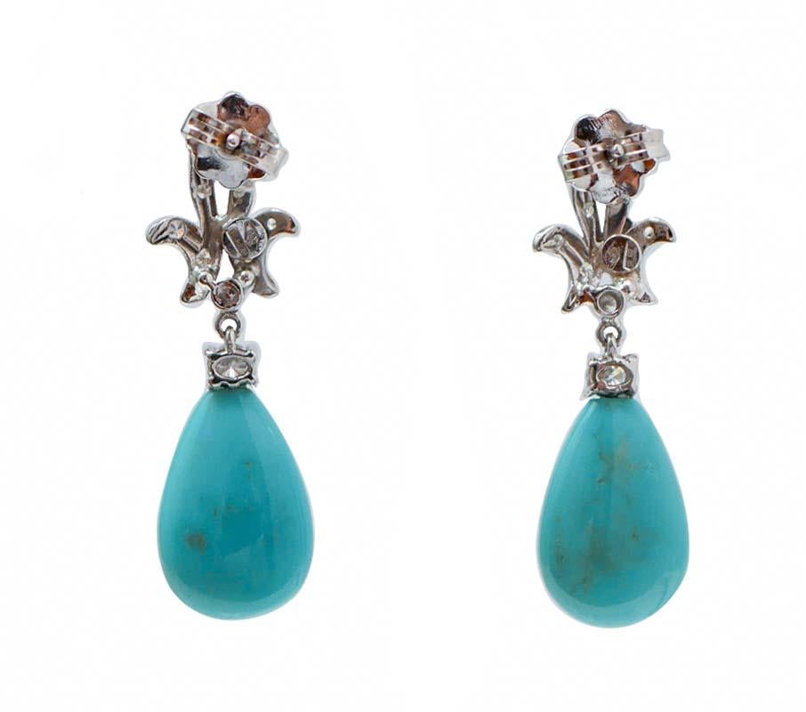 Rétro Turquoise, diamants, or blanc 14 carats Boucles d'oreilles. en vente