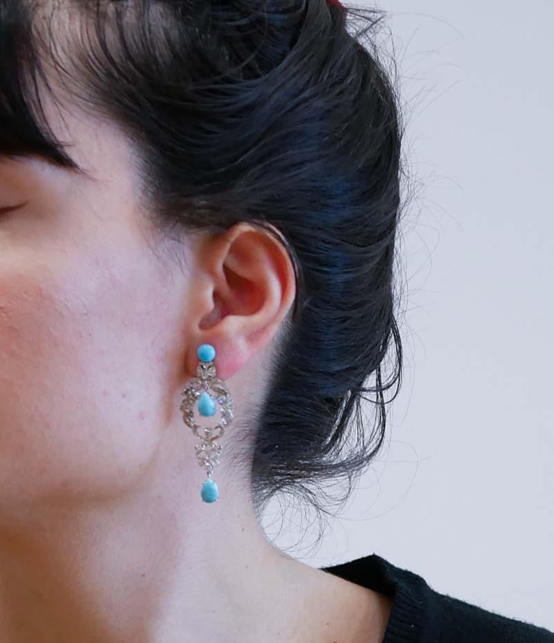 Mixed Cut Turquoise, Diamonds, 14 Karat White Gold Earrings.
