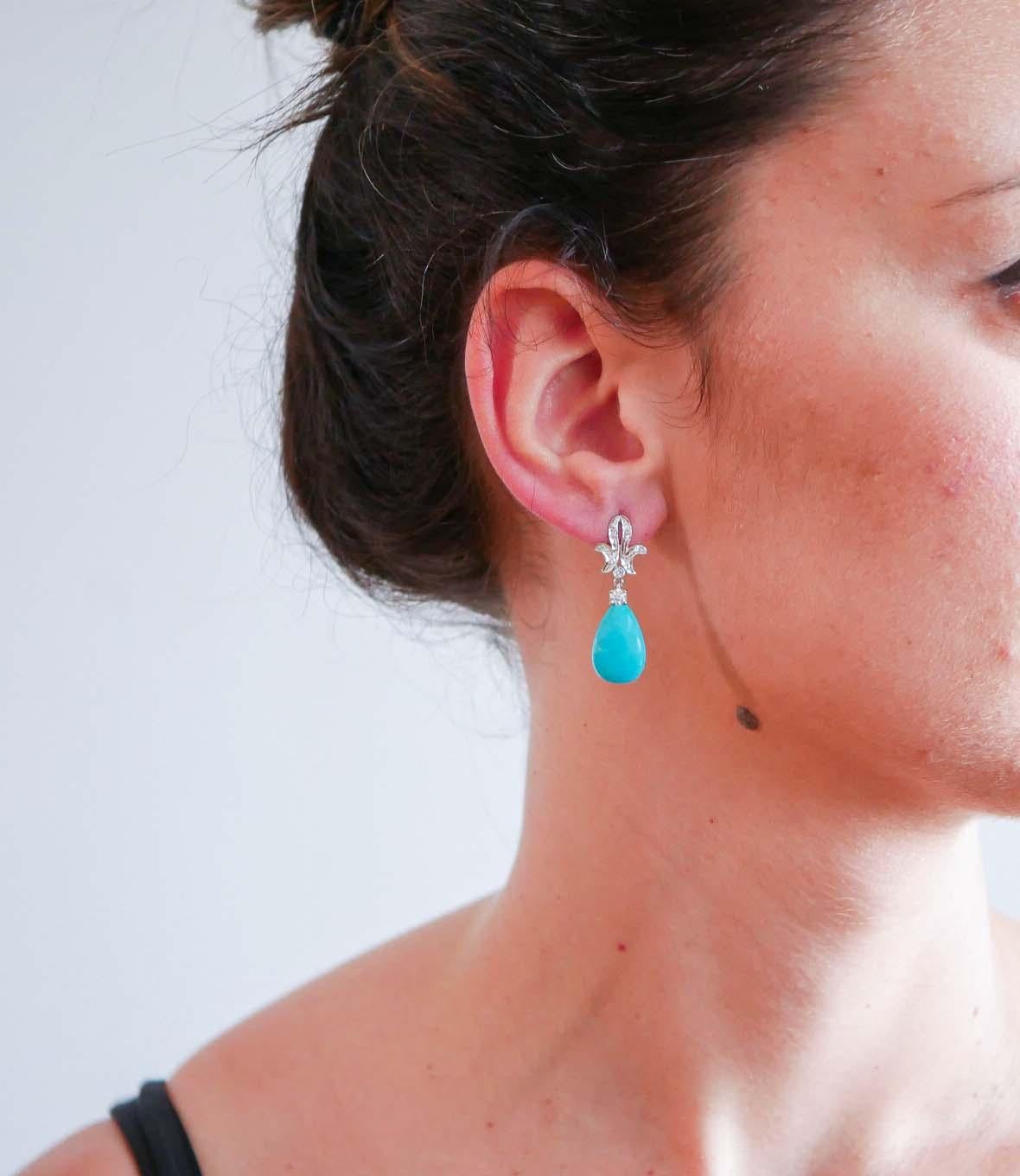 Taille mixte Turquoise, diamants, or blanc 14 carats Boucles d'oreilles. en vente