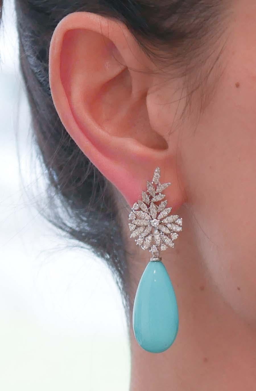Turquoise, Diamonds, 14 Karat White Gold Earrings In Good Condition For Sale In Marcianise, Marcianise (CE)
