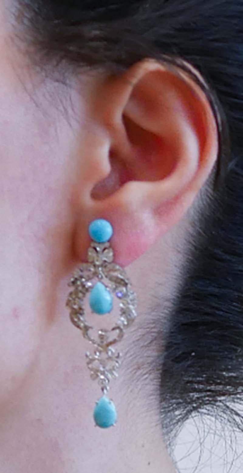 Turquoise, Diamonds, 14 Karat White Gold Earrings. In Good Condition In Marcianise, Marcianise (CE)