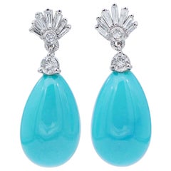 Turquoise, Diamonds 14 Karat White Gold Earrings