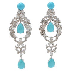 Türkis, Diamanten, 14 Karat Weißgold-Ohrringe.