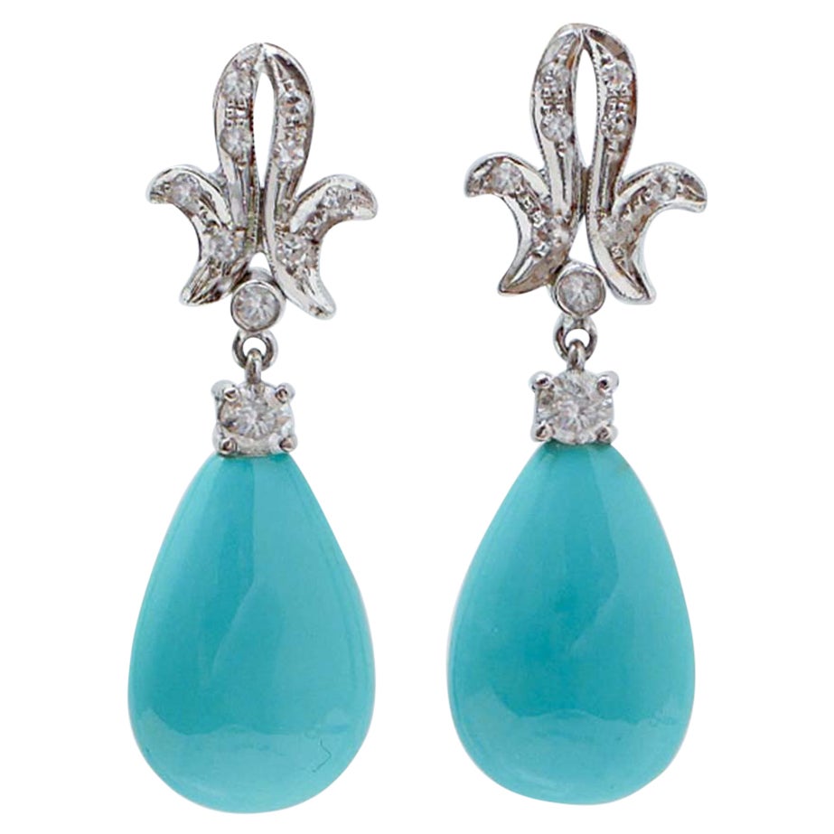 Turquoise, diamants, or blanc 14 carats Boucles d'oreilles. en vente