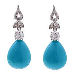 Turquoise, Diamonds, 14 Karat White Gold Earrings.