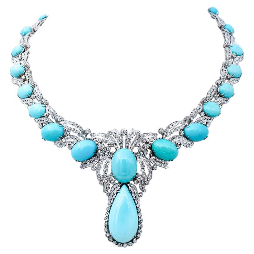 Turquoise, Diamonds, 14 Karat White Gold Necklace