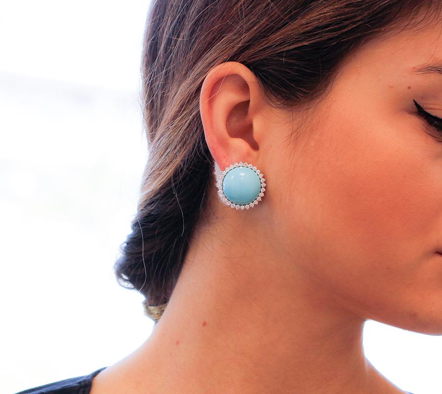 Women's Turquoise, Diamonds, 14 Karat White Gold Stud Earrings