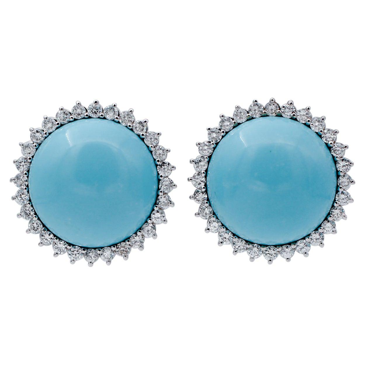 Turquoise, Diamonds, 14 Karat White Gold Stud Earrings