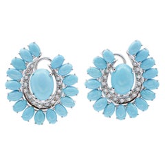 Turquoise, Diamonds, 14 Karat White Gold Stud Earrings Turquoise, Diamonds, 14 Karat White Gold Stud Earrings