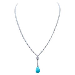 Turquoise, Diamonds, 14 Karat White Gold Tennis Necklace