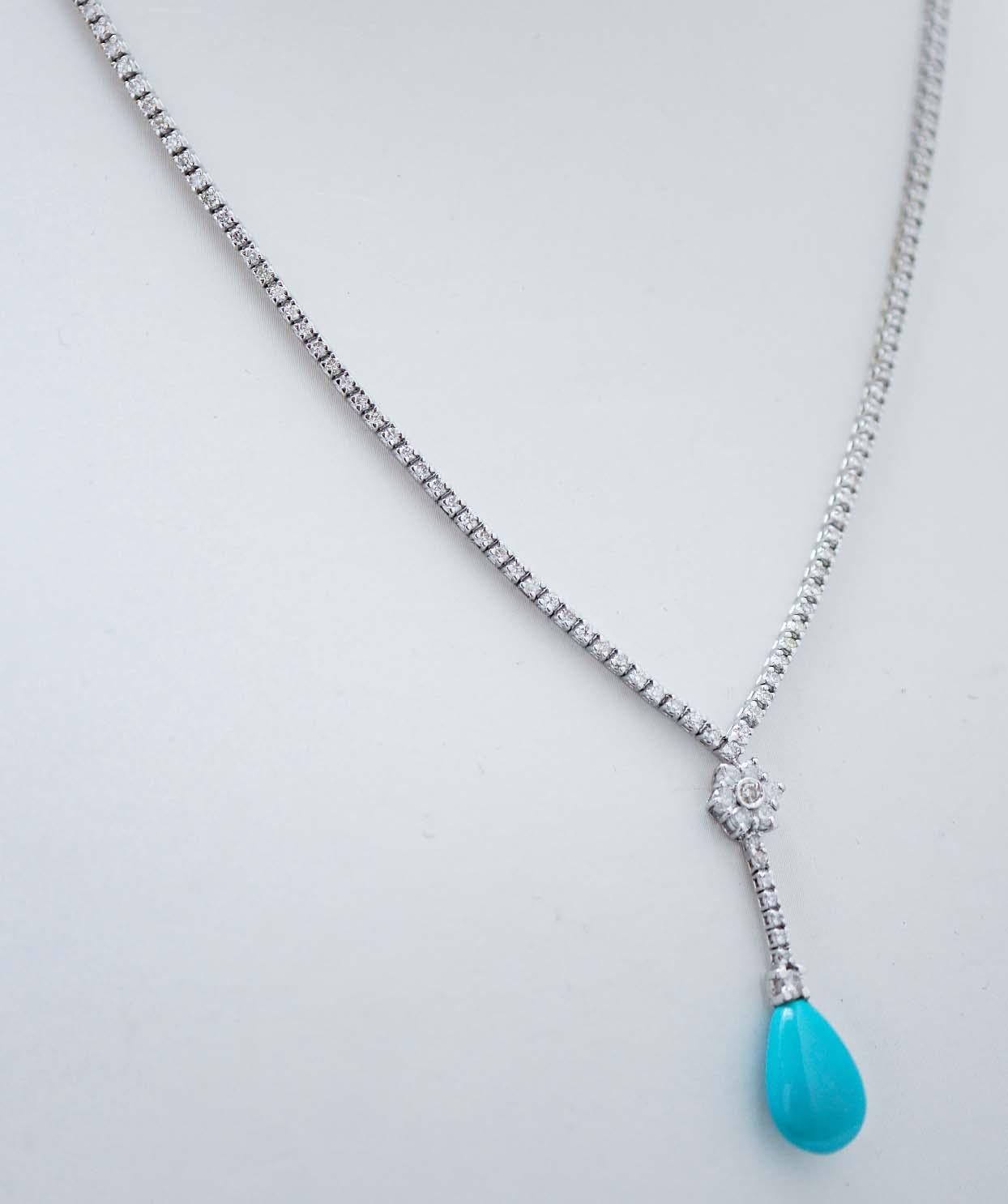 Retro Turquoise, Diamonds, 14 Karat White Gold Tennis Necklace For Sale