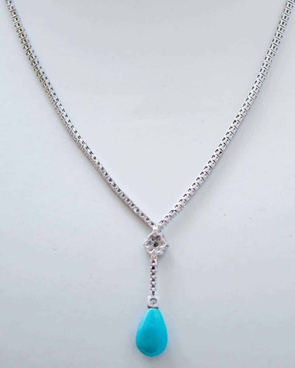 Mixed Cut Turquoise, Diamonds, 14 Karat White Gold Tennis Necklace For Sale