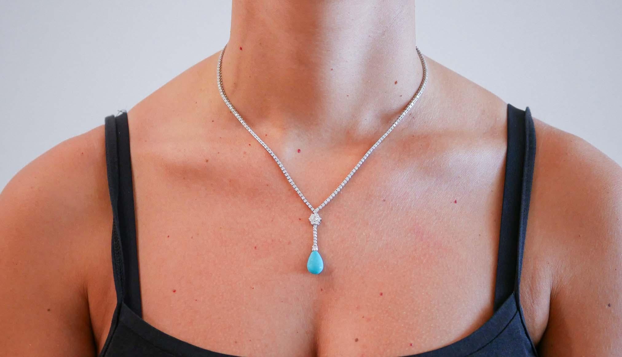 Turquoise, Diamonds, 14 Karat White Gold Tennis Necklace In New Condition For Sale In Marcianise, Marcianise (CE)