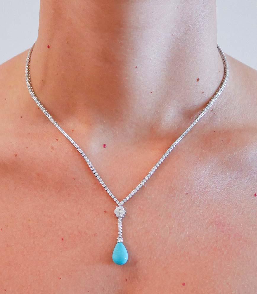 Women's Turquoise, Diamonds, 14 Karat White Gold Tennis Necklace For Sale