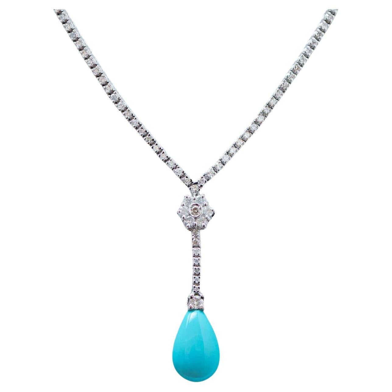 Turquoise, Diamonds, 14 Karat White Gold Tennis Necklace