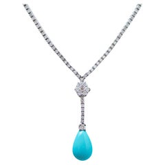 Turquoise, Diamonds, 14 Karat White Gold Tennis Necklace