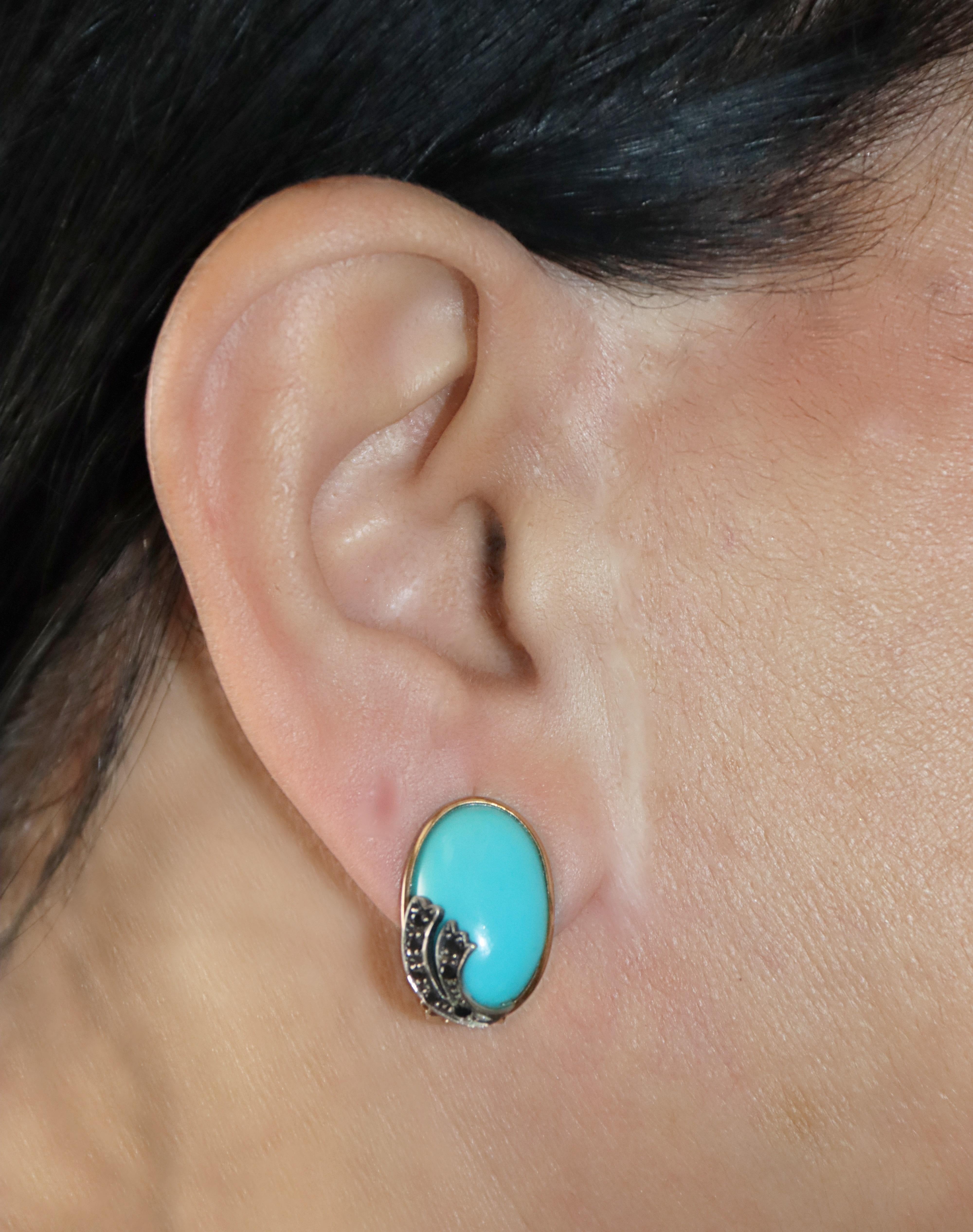 Turquoise Diamonds 14 Karat Yellow Gold Clip-on Earrings For Sale 1