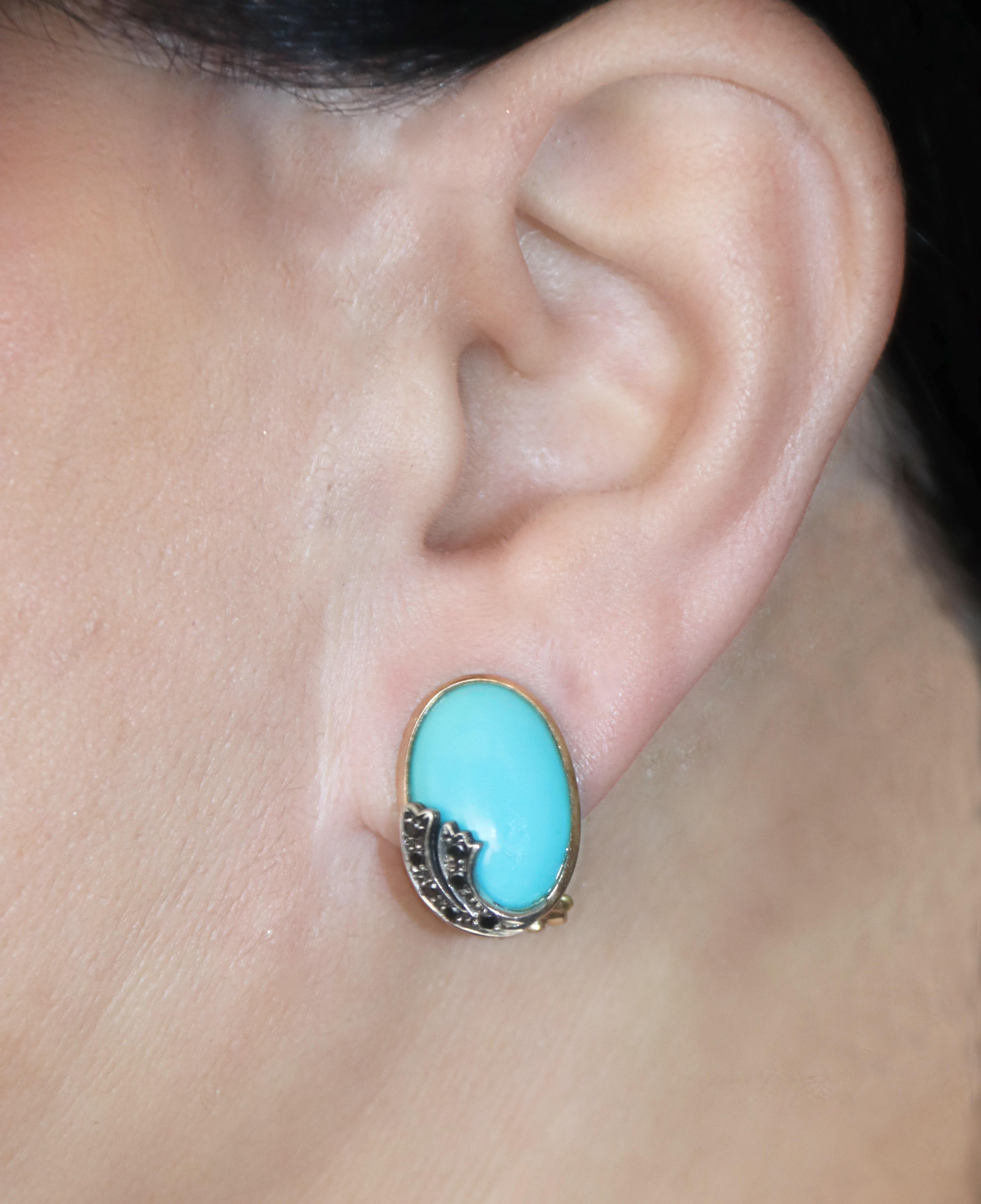 Turquoise Diamonds 14 Karat Yellow Gold Clip-on Earrings For Sale 2