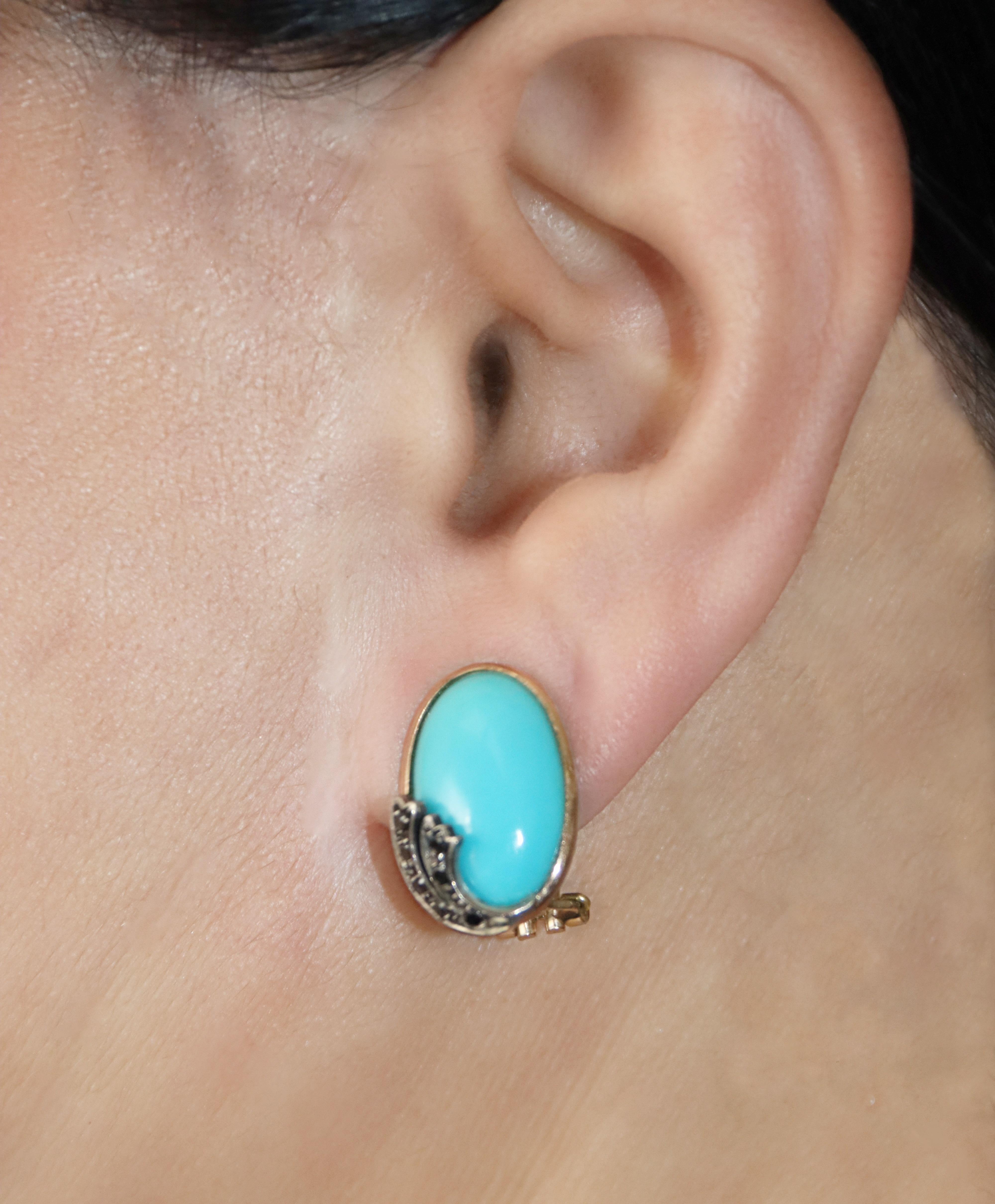 Turquoise Diamonds 14 Karat Yellow Gold Clip-on Earrings For Sale 3