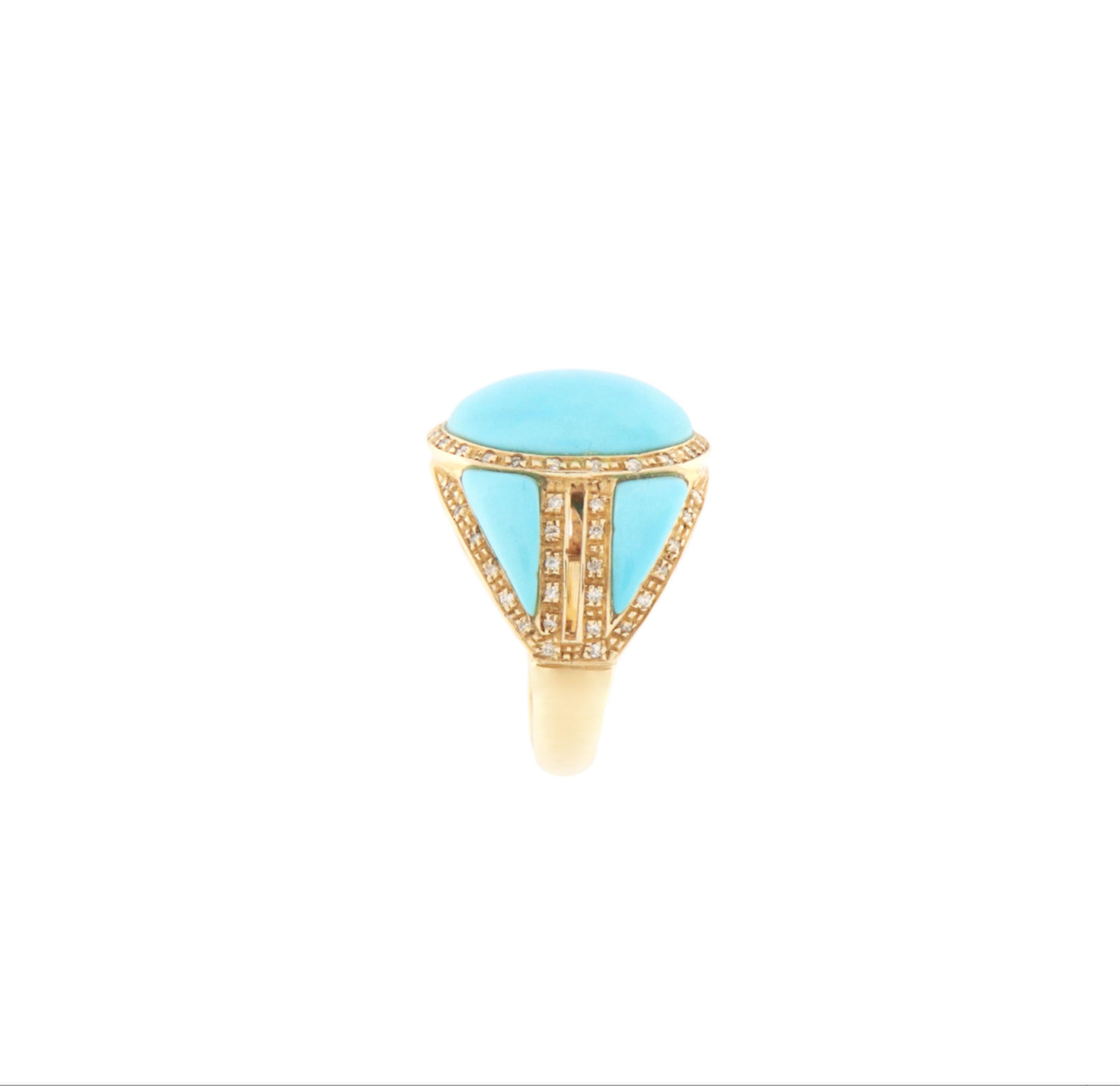 This stunning 14-karat yellow gold ring features an extraordinary combination of gemstones and an elegant design, perfect for those seeking a unique and eye-catching piece of jewelry. At the center of the ring is a beautiful turquoise stone, sourced