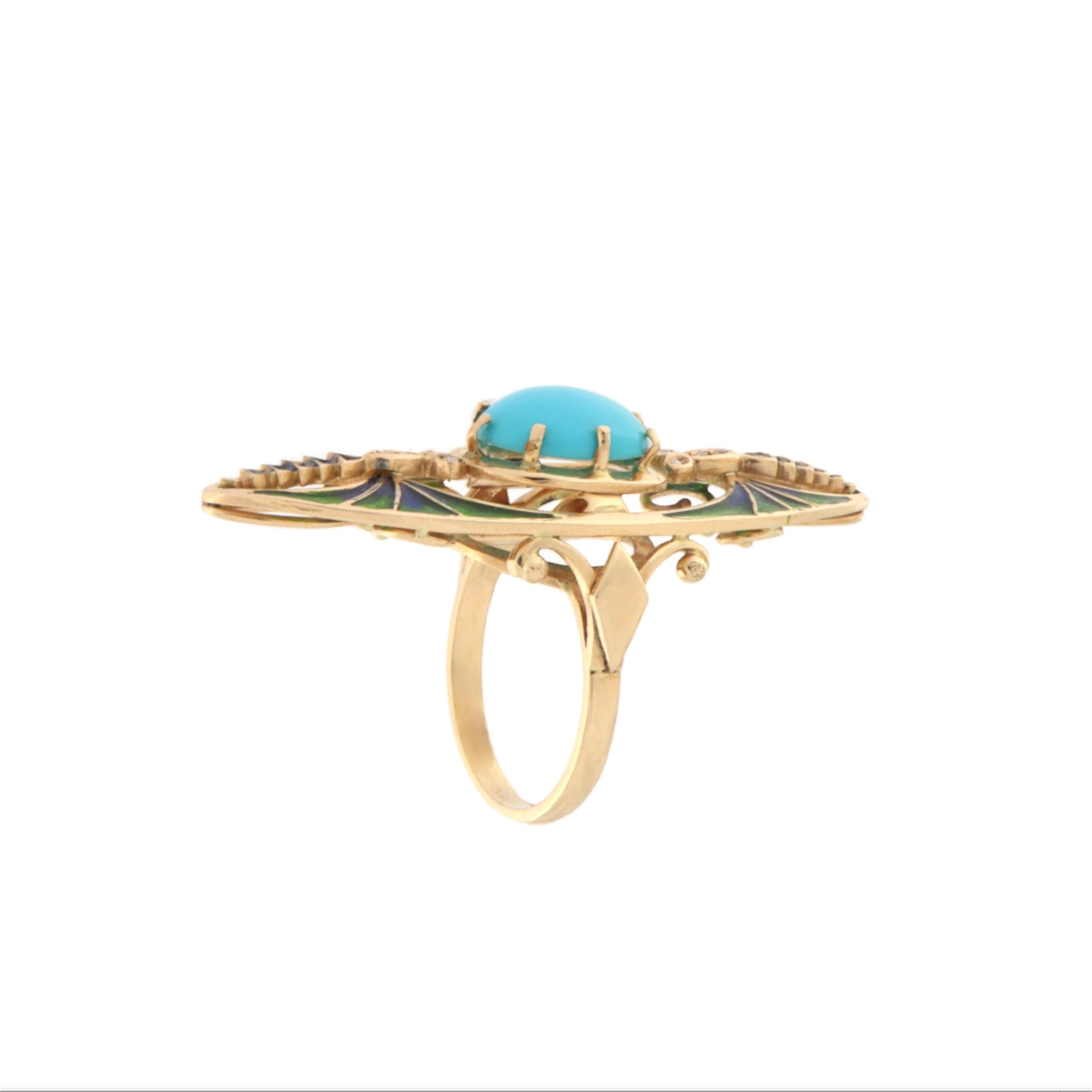 Beautiful ring made of 14 karat yellow gold in the shape of a shuttle depicting two butterflies embracing each other drawn with cathedral enamel, at its center a natural oval cut turquoise.
The ring was designed and created entirely by hand by