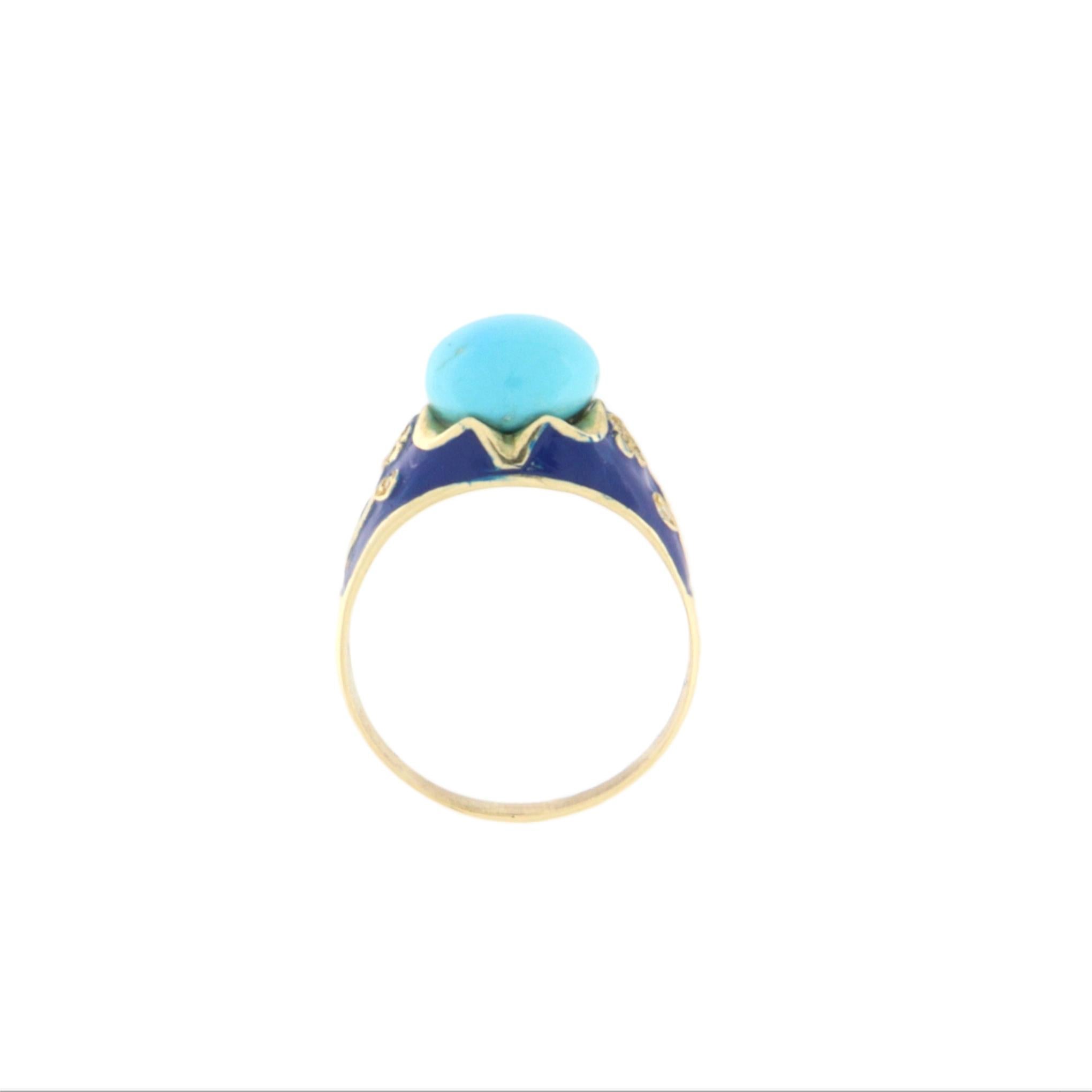 This exquisite ring is a true embodiment of refined elegance and timeless style. Crafted in 14-karat yellow gold, it stands out for its vibrant color harmony and exceptional craftsmanship. At the center lies a natural turquoise cabochon, featuring a