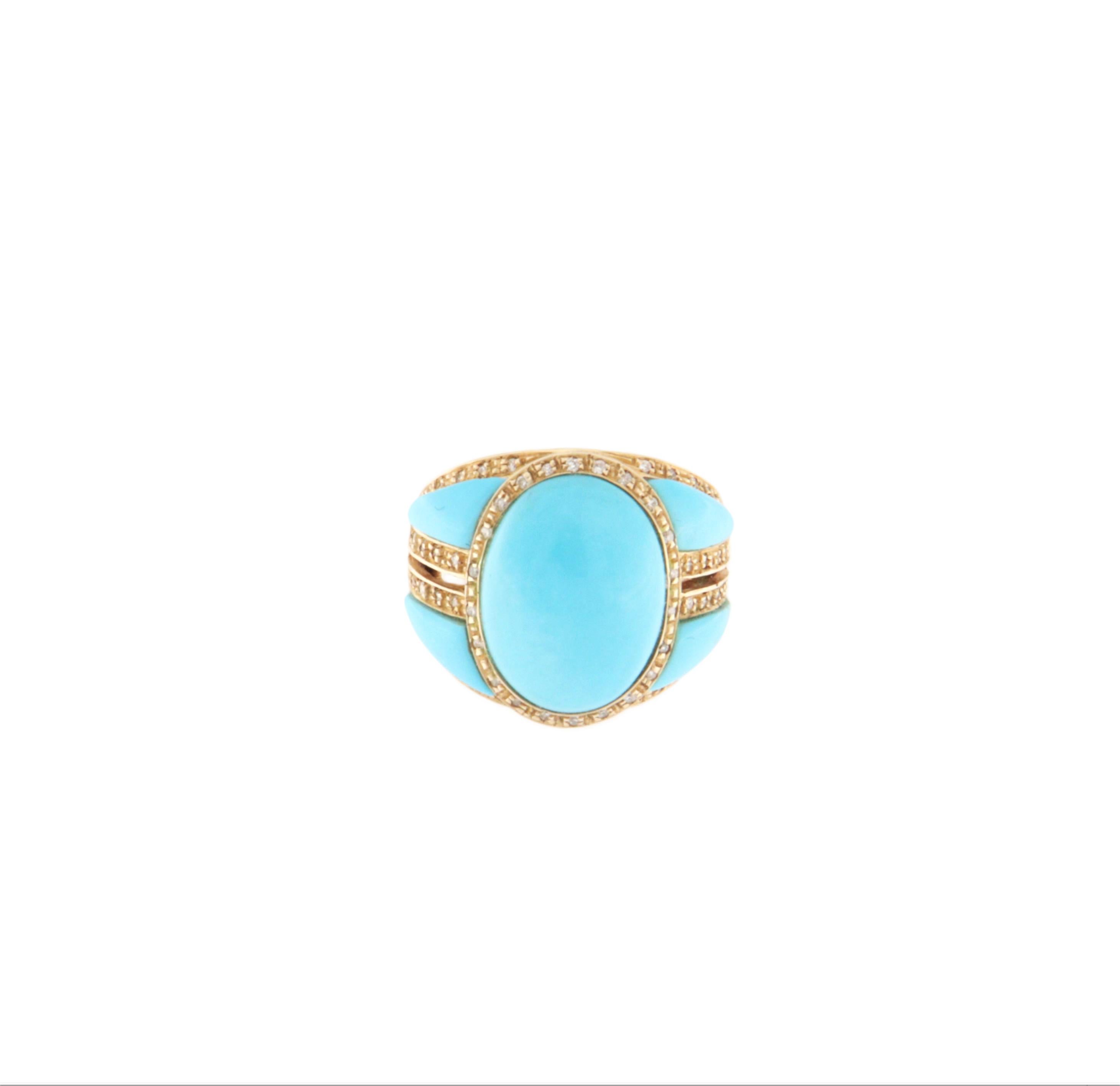 Artisan Turquoise Diamonds 14 Karat Yellow Gold Cocktail Ring For Sale