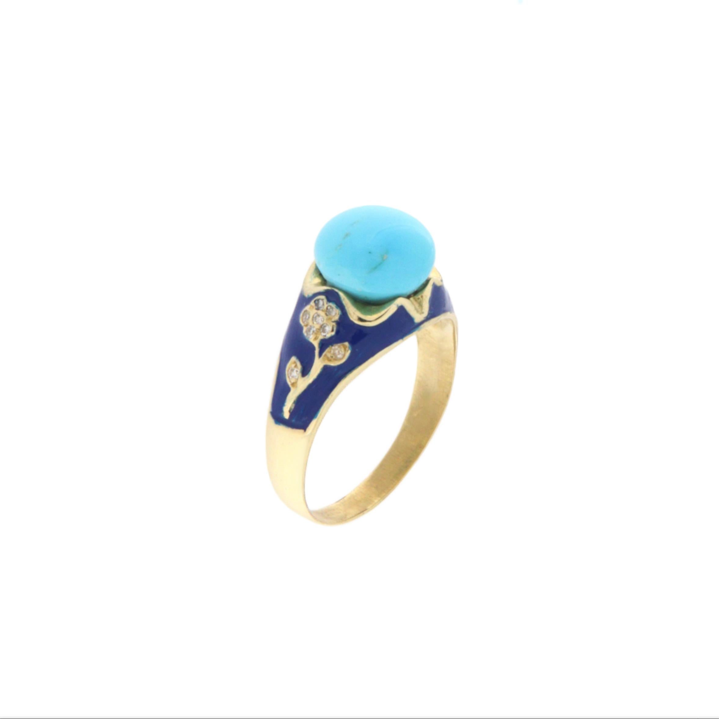 Artisan Turquoise Diamonds 14 Karat Yellow Gold Cocktail Ring For Sale