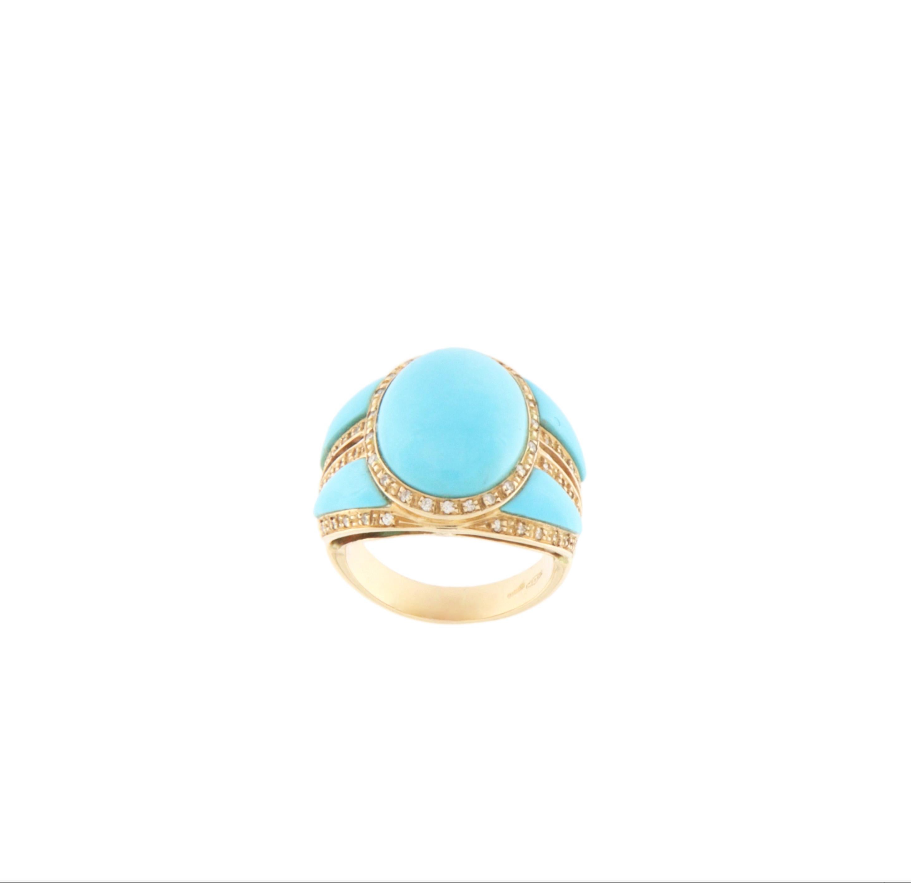Turquoise Diamonds 14 Karat Yellow Gold Cocktail Ring In New Condition For Sale In Marcianise, IT