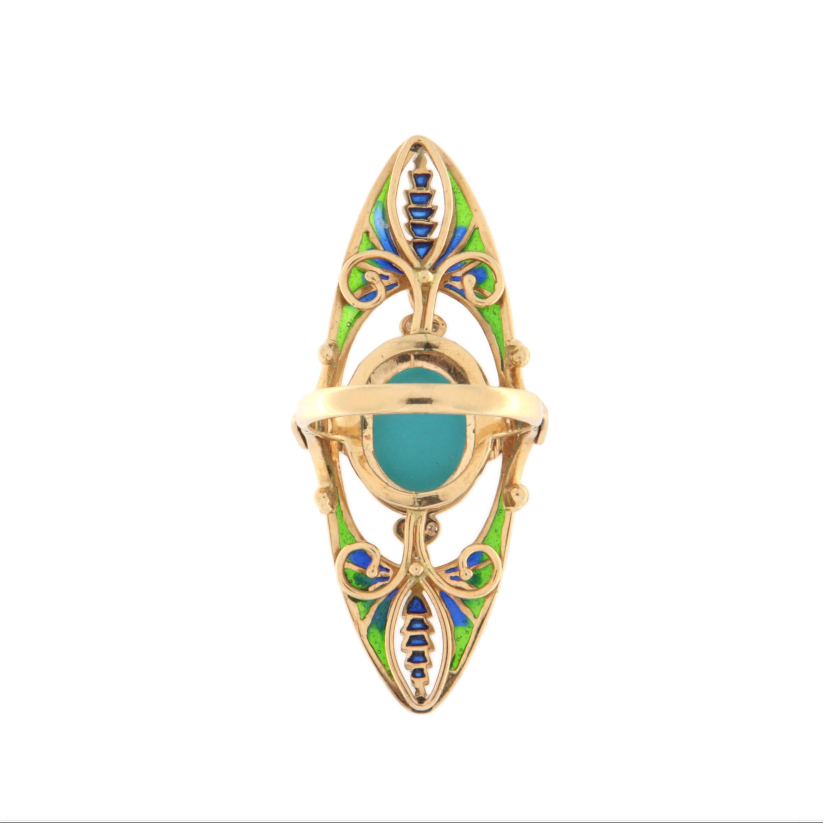 Turquoise Diamonds 14 Karat Yellow Gold Cocktail Ring In New Condition For Sale In Marcianise, IT
