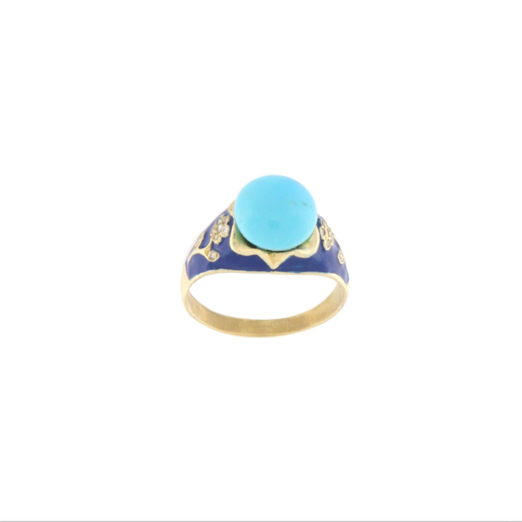 Turquoise Diamonds 14 Karat Yellow Gold Cocktail Ring In New Condition For Sale In Marcianise, IT
