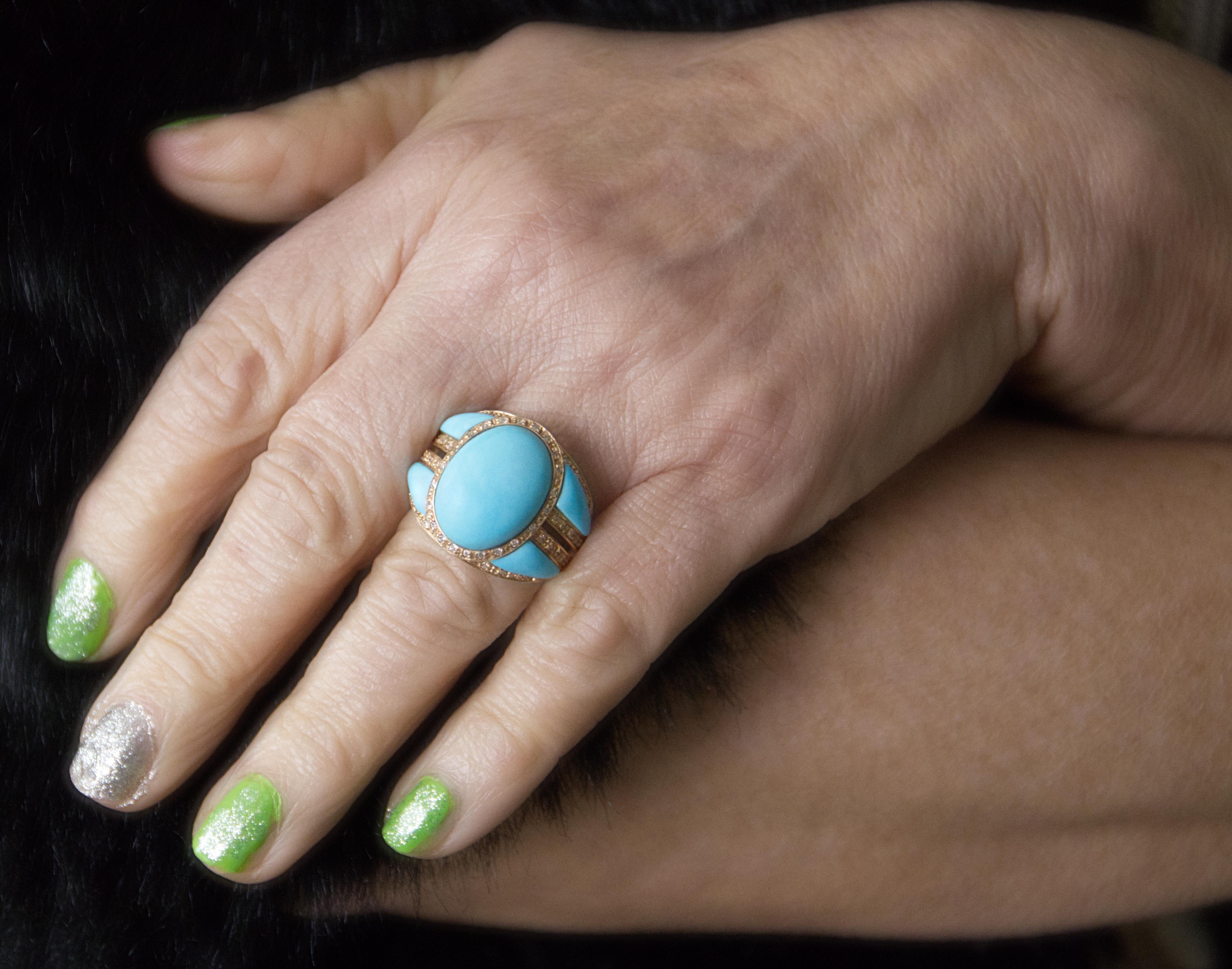Women's Turquoise Diamonds 14 Karat Yellow Gold Cocktail Ring For Sale