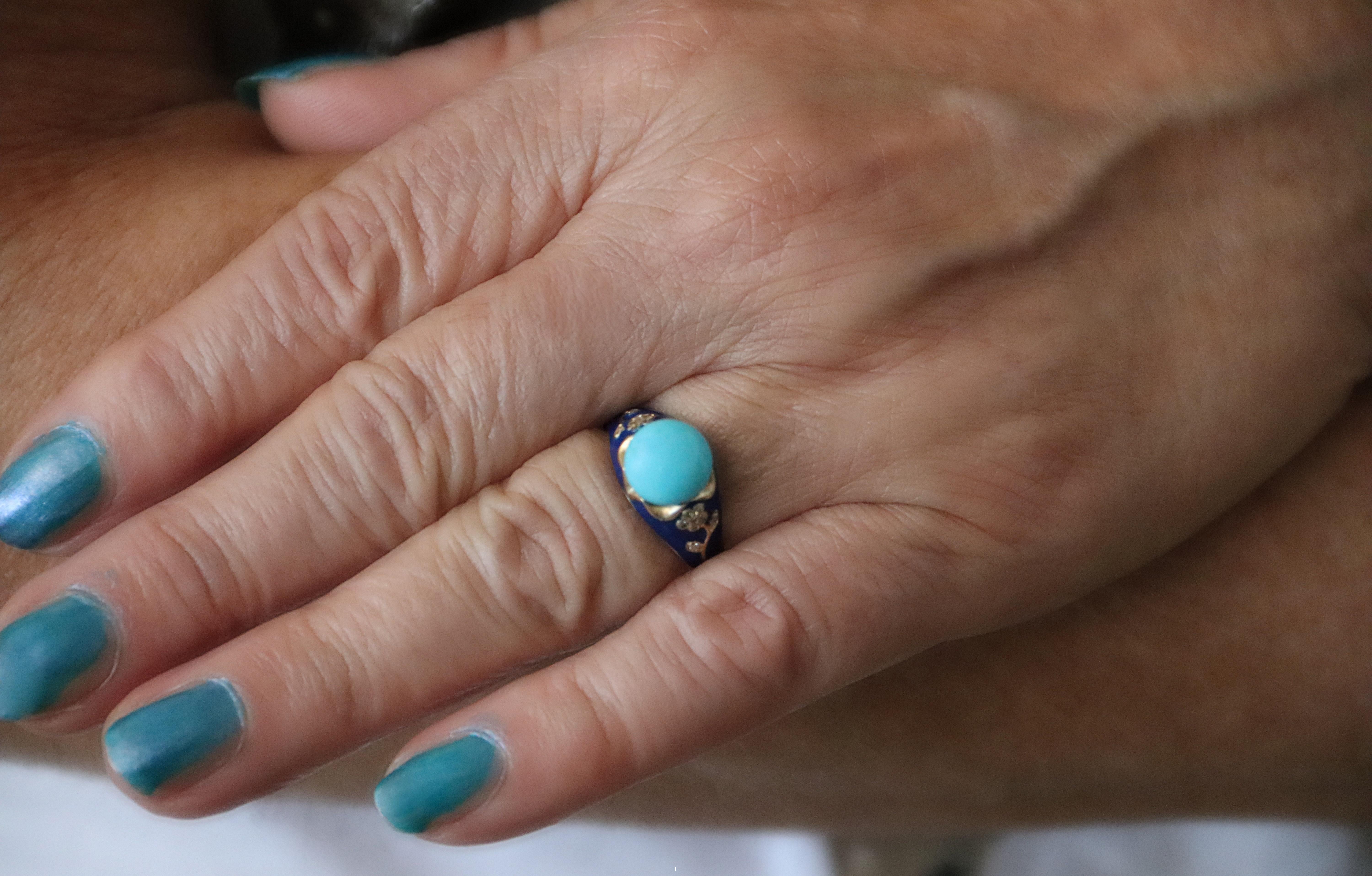 Women's Turquoise Diamonds 14 Karat Yellow Gold Cocktail Ring For Sale