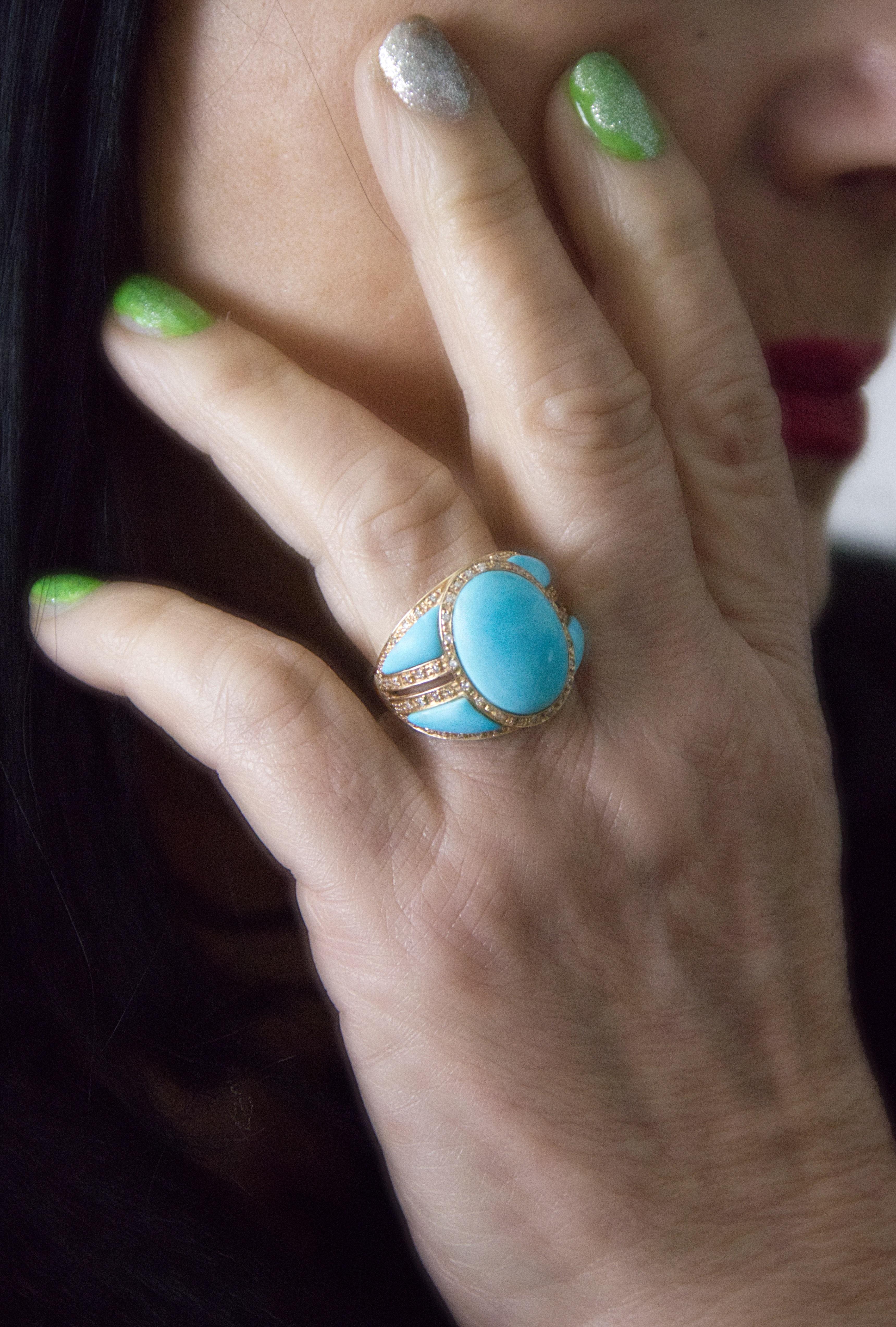 Turquoise Diamonds 14 Karat Yellow Gold Cocktail Ring For Sale 1