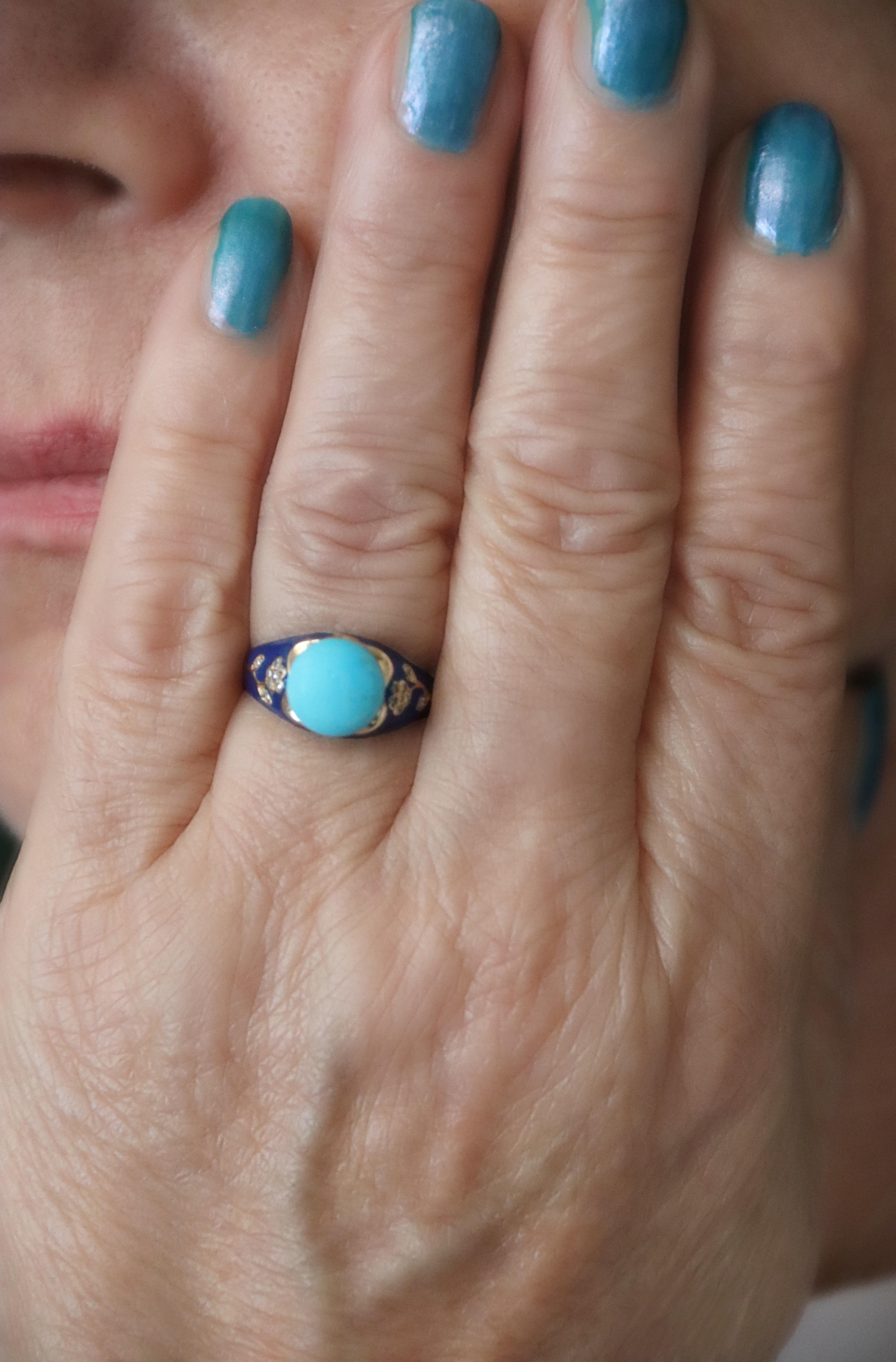Turquoise Diamonds 14 Karat Yellow Gold Cocktail Ring For Sale 1