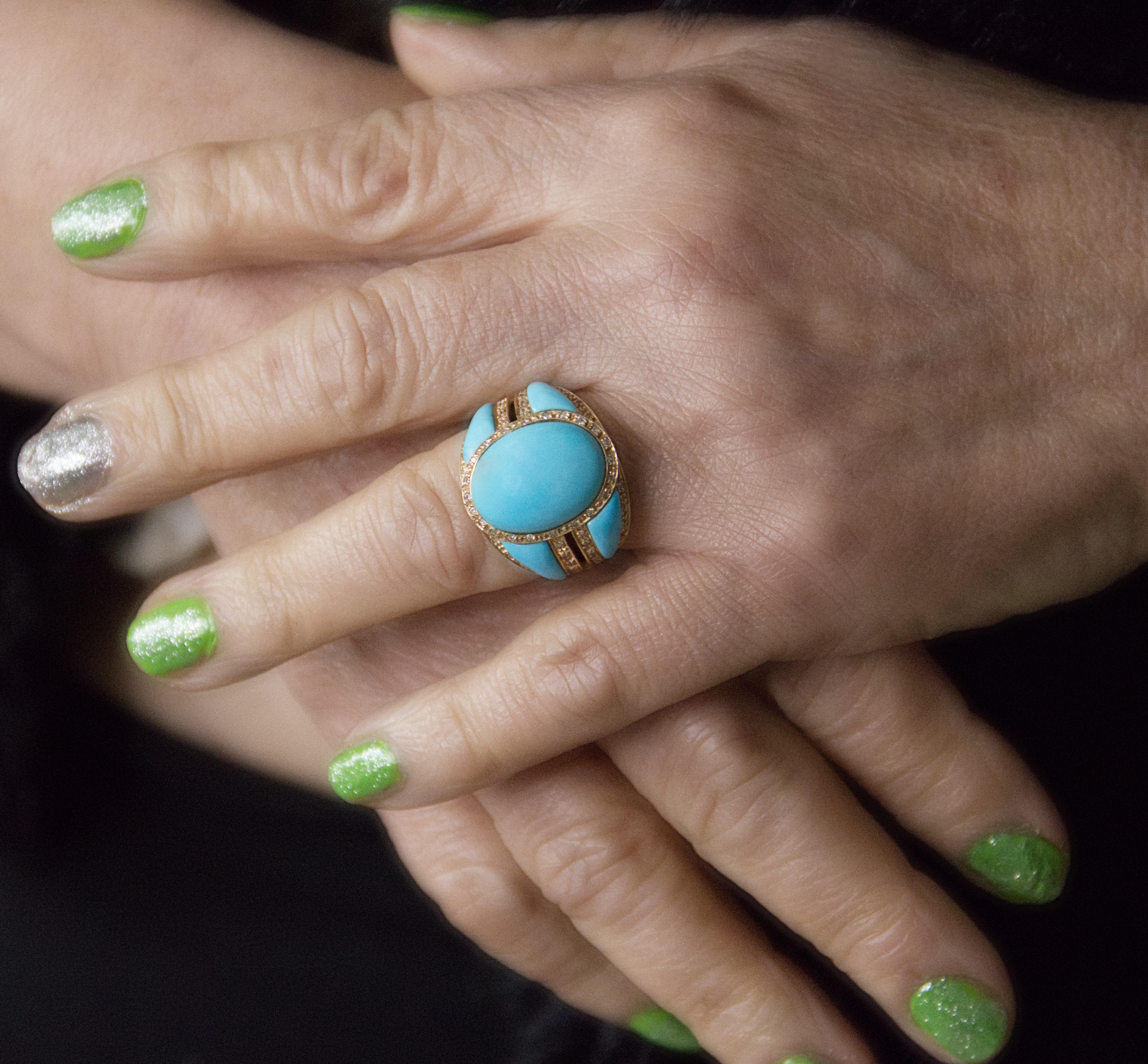 Turquoise Diamonds 14 Karat Yellow Gold Cocktail Ring For Sale 2