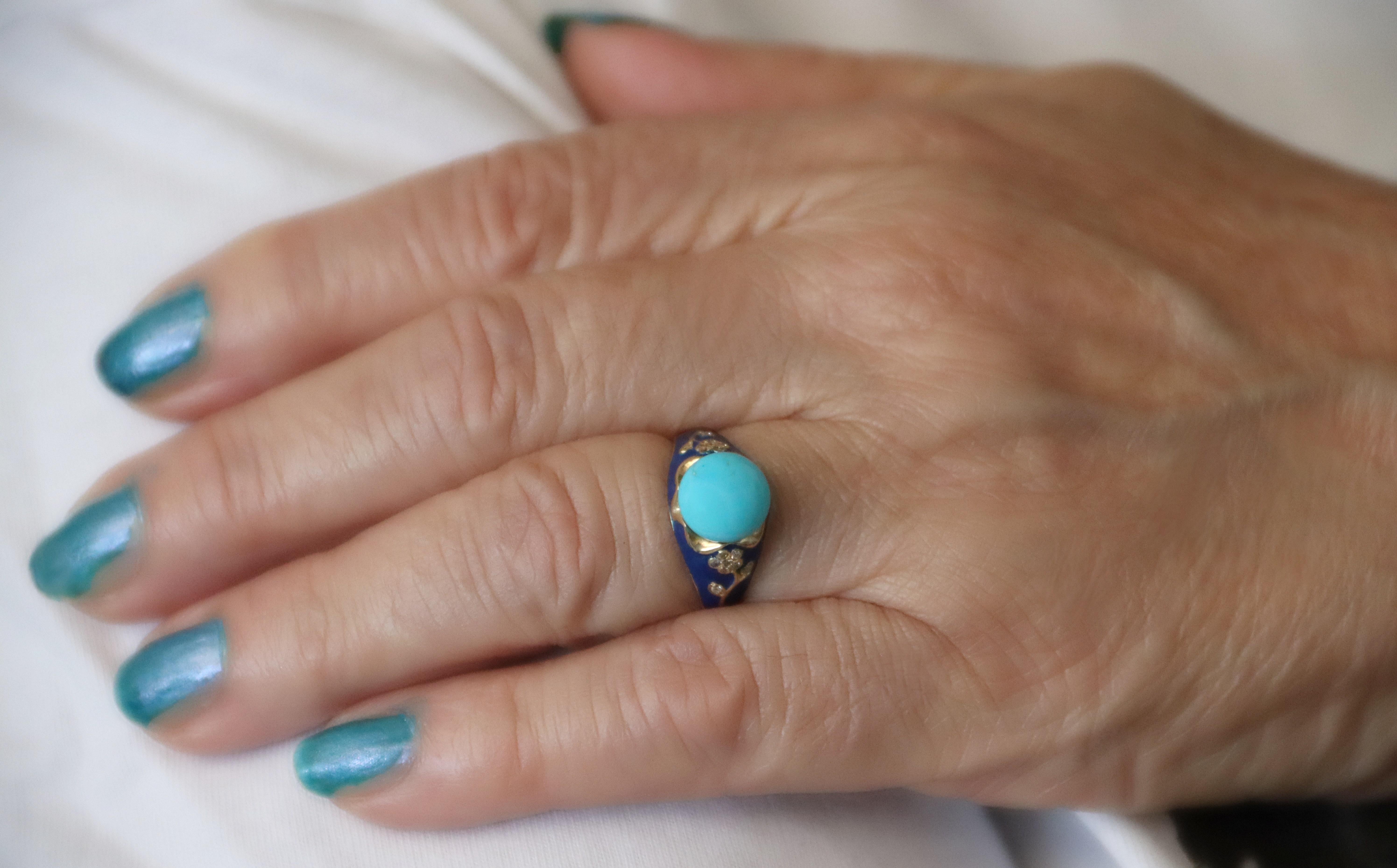 Turquoise Diamonds 14 Karat Yellow Gold Cocktail Ring For Sale 2
