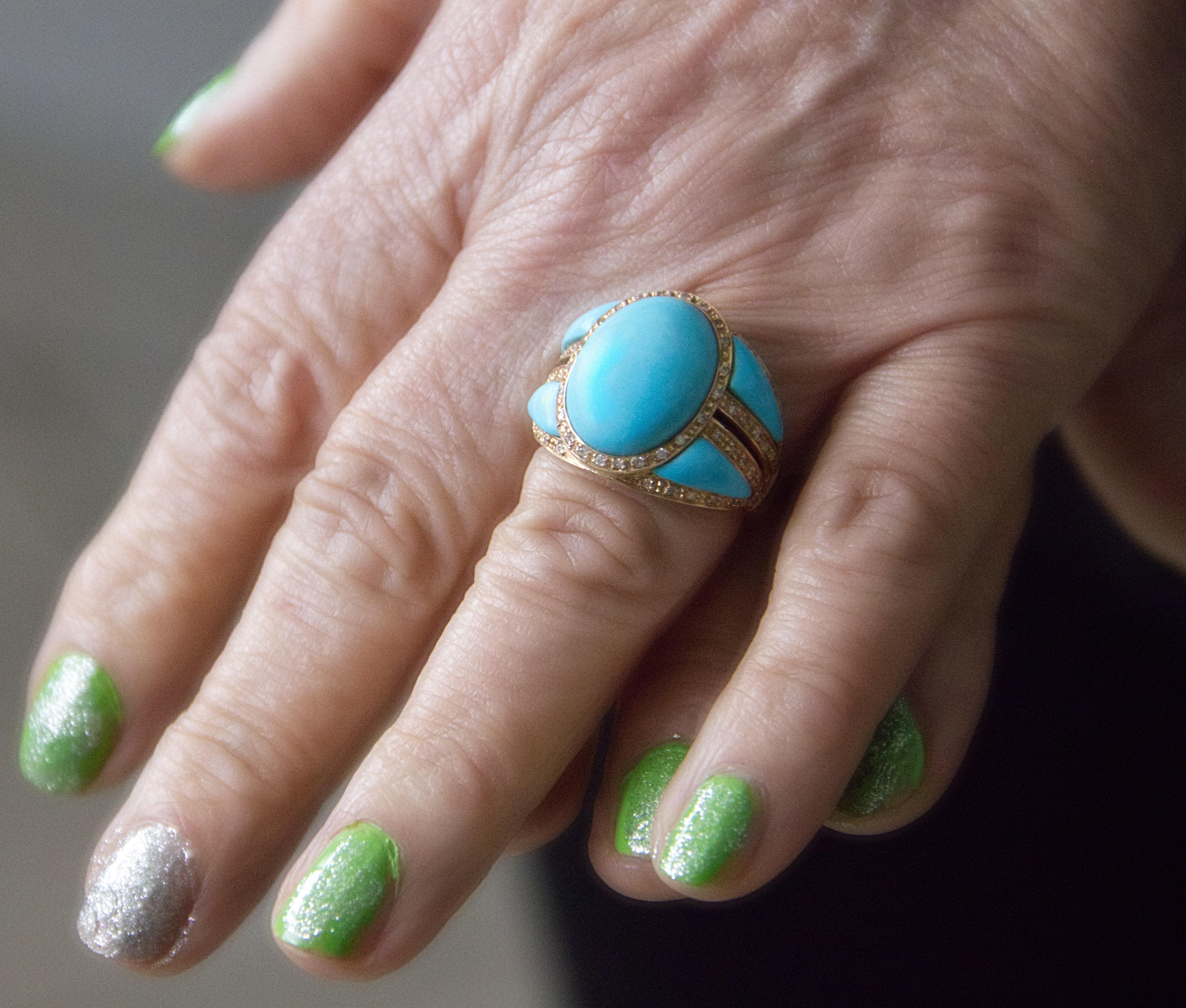 Turquoise Diamonds 14 Karat Yellow Gold Cocktail Ring For Sale 3