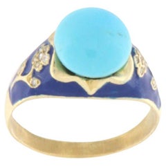 Turquoise Diamonds 14 Karat Yellow Gold Cocktail Ring