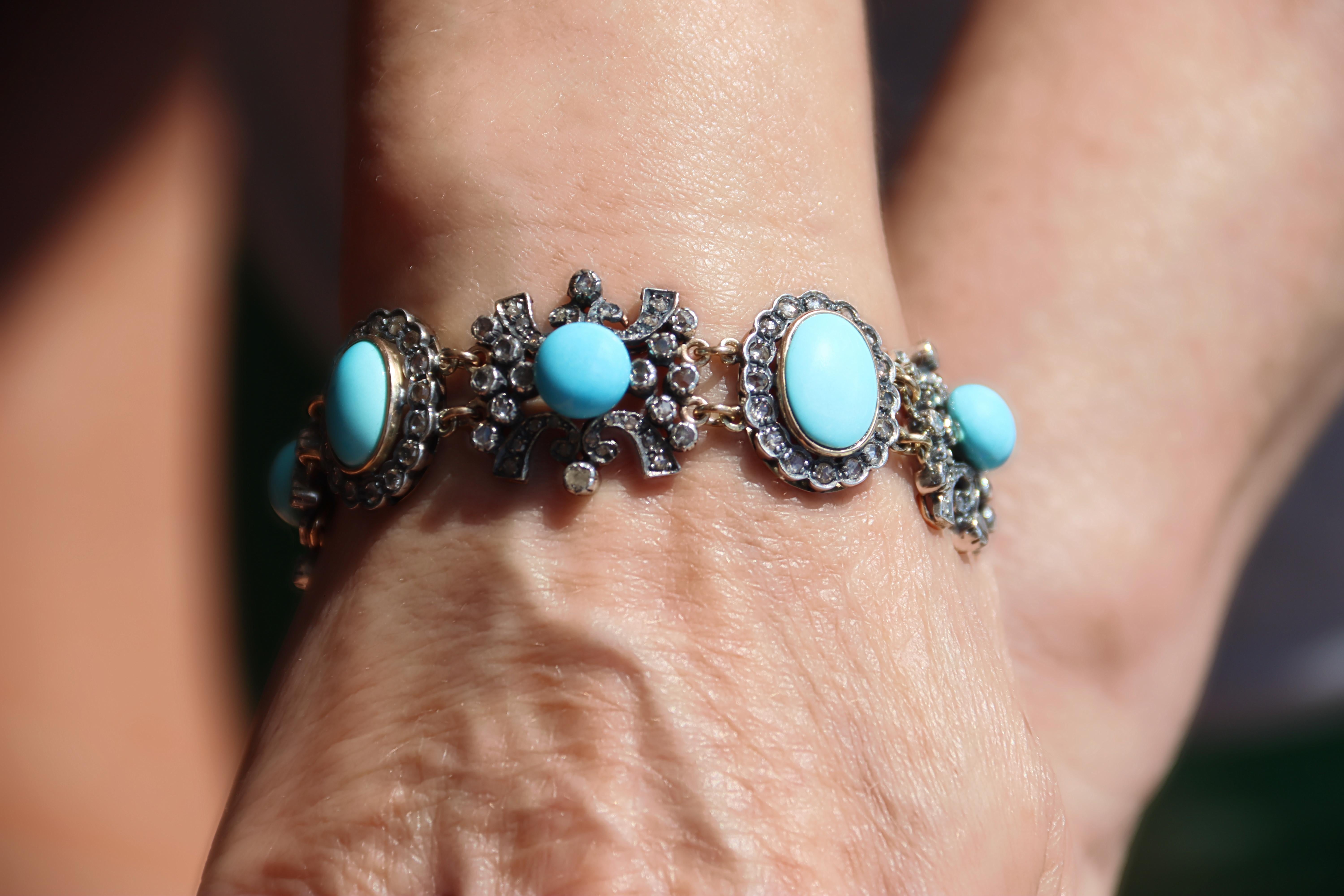 Bracelet manchette en or jaune 14 carats avec turquoises et diamants en vente 4
