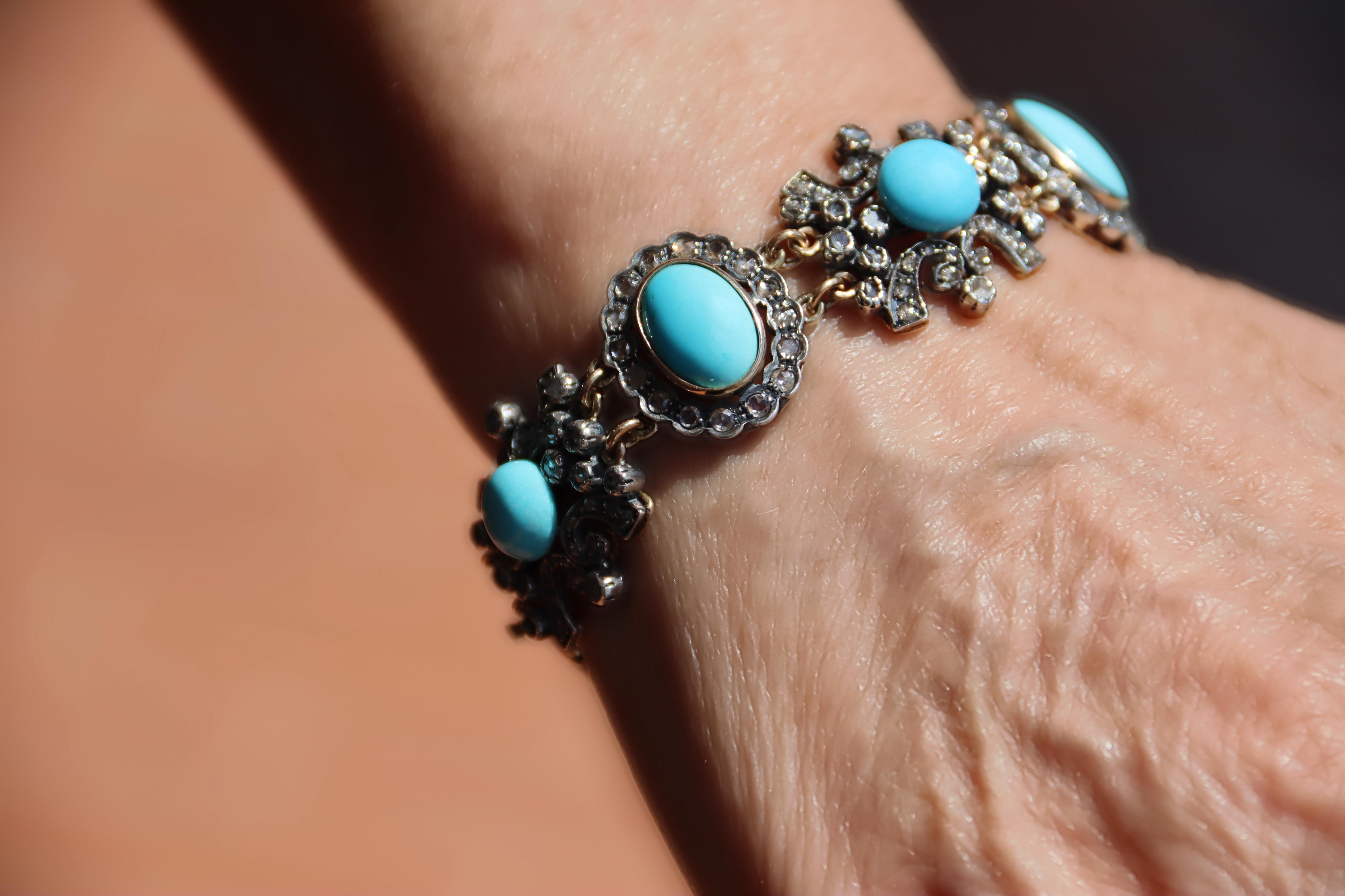 Bracelet manchette en or jaune 14 carats avec turquoises et diamants en vente 5