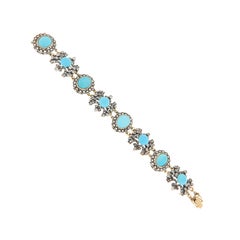 Antique 14kt Yellow Gold Turquoise & Diamond Cuff Bracelet, 1970s